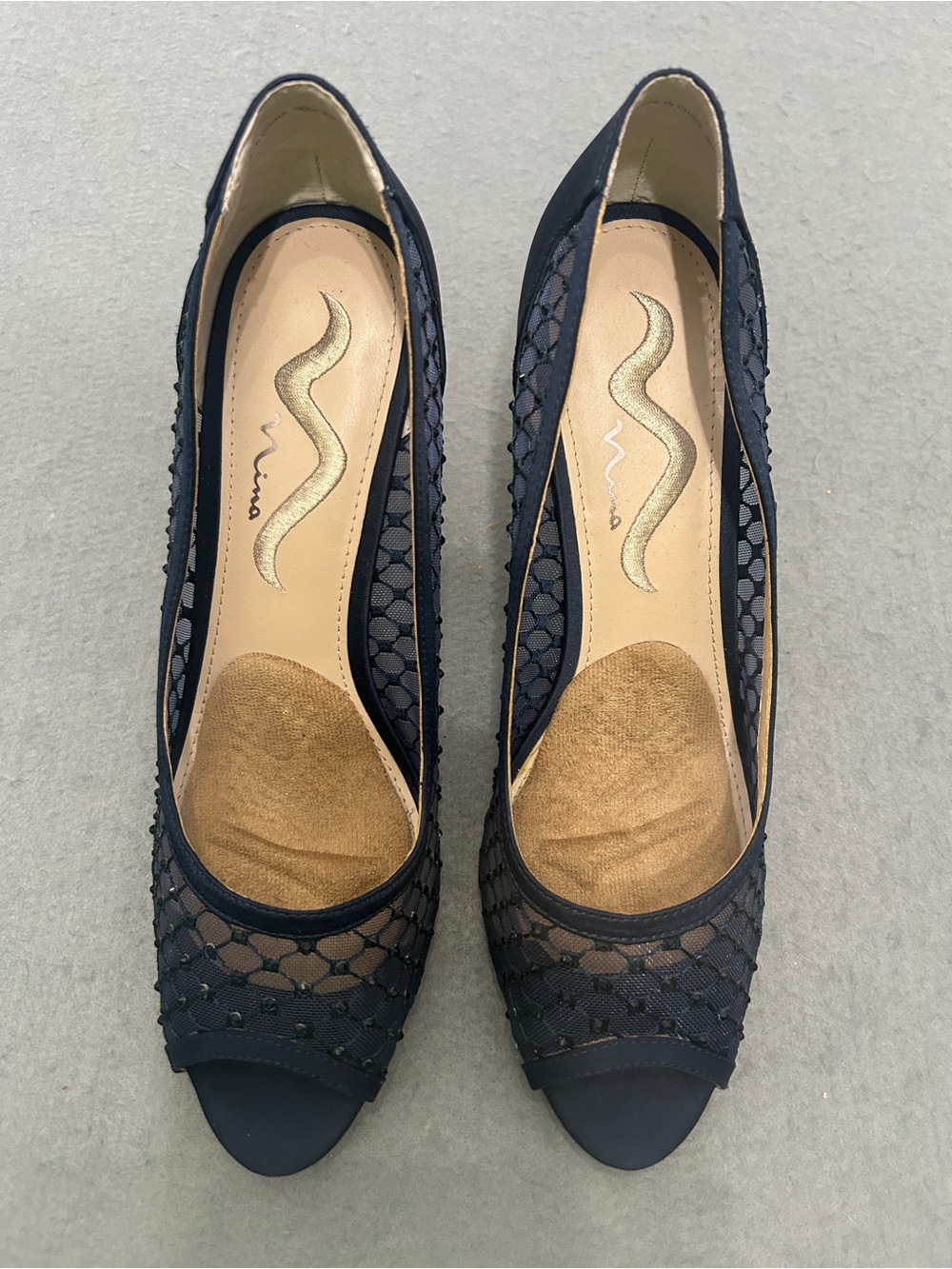 Women’s Nina Navy Mesh Embellished Peep Toe Heels Size 10